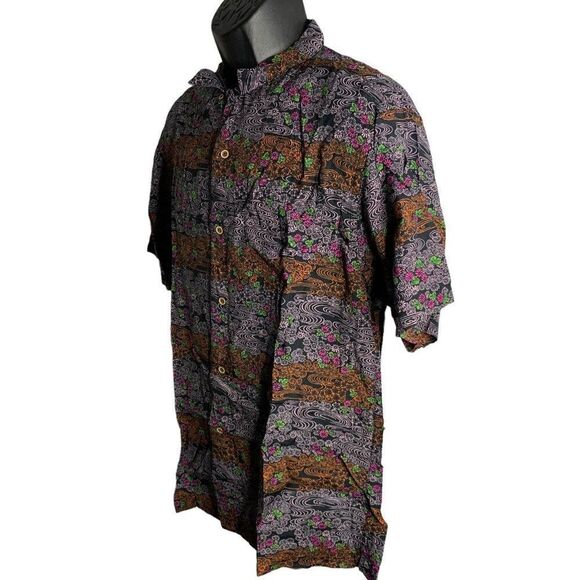 Vintage Button Up Polynesian Shirt L Black Floral Short Sleeve Collar Pocket - Picture 3 of 6